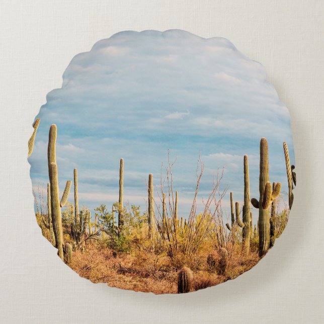 Cojín Redondo Desierto con cactus de Saguaro (Anverso)