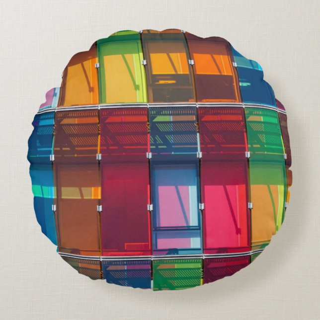 Cojín Redondo Detalle de edificio comercial multicolor (Anverso)