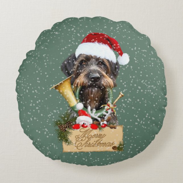 Cojín Redondo Deutsch Drahthaar, ¡Feliz Navidad! botón de imán (Anverso)