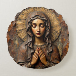 Cojín Redondo Devoción Tallada María de Madera