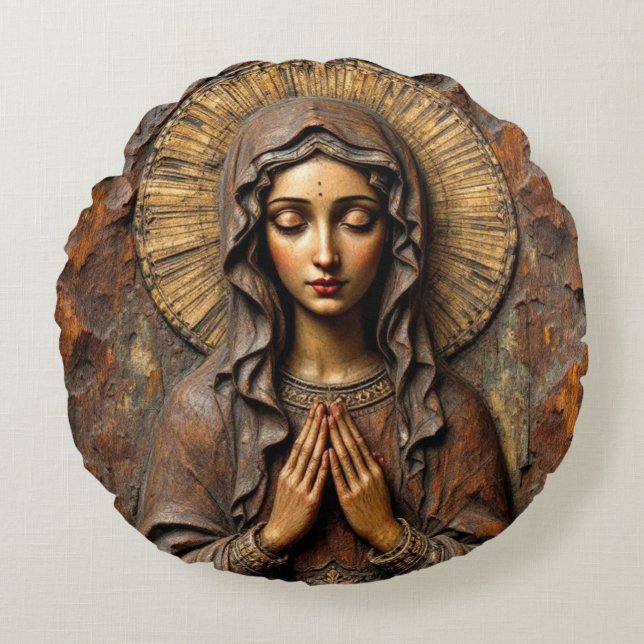 Cojín Redondo Devoción Tallada María de Madera (Anverso)