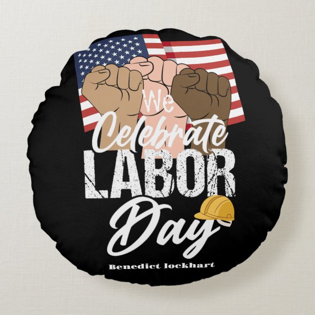 Cojín Redondo Día de la Unidad de Trabajadores Solidarios con ba (Anverso)