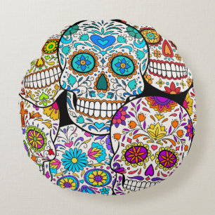 Cojín Redondo Día de los Muertos: Vibrantes patrones mexicanos.