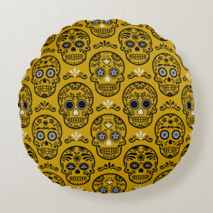 Cojín Redondo Día de Muertos Mexicano Calavera Cráneo Floral Fol