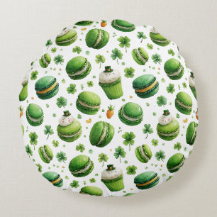 Cojín Redondo Día de San Patricio Macarón de Acuarela y Trébol d