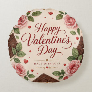 Cojín Redondo Día de San Valentín Rosas Rosadas Barras de Chocol