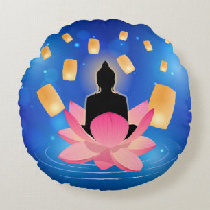 Cojín Redondo Día de Vesak Buda en la linterna de loto Vaisakha