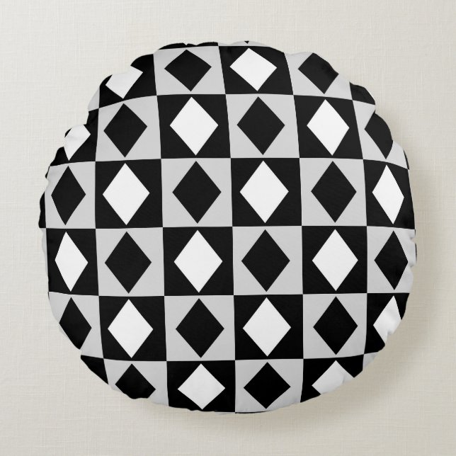 Cojín Redondo Diamante de Rhombus blanco negro (Anverso)