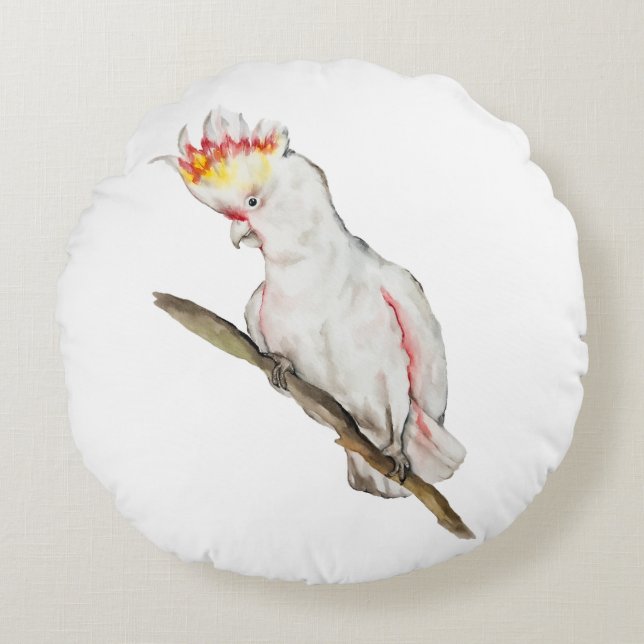 Cojín Redondo Dibujo acuarela de un loro de cacatúa (Anverso)