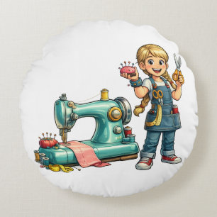 Cojín Redondo Dibujo animado de niña cosiendo con máquina vintag