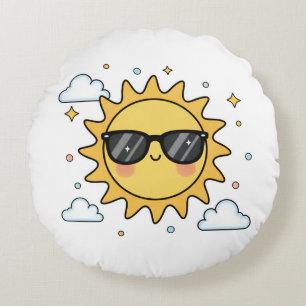 Cojín Redondo Dibujo Animado de Sol Sonriente Feliz - Soles Kawa