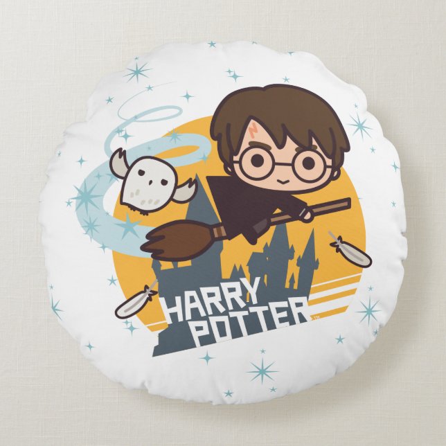 Cojín Redondo Dibujo animado Harry y vuelo de Hedwig más allá de (Anverso)