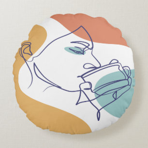 Cojín Redondo dibujo de arte de línea de póster de mujer bebiend