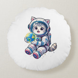 Cojín Redondo Dibujo de astronauta gato lindo sosteniendo la Tie