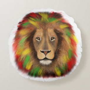 Cojín Redondo Dibujo de cabeza de león Rasta rojo amarillo verde