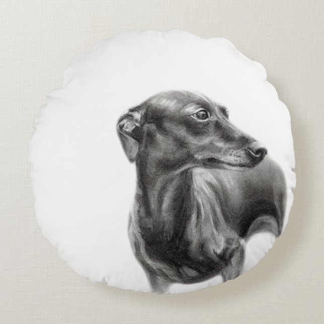 Cojín Redondo Dibujo de carbón vegetal de Greyhound (Anverso)