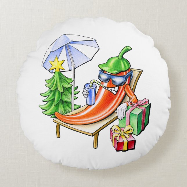 Cojín Redondo Dibujo de Chili de Navidades divertidos blancos re (Anverso)