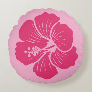 Cojín Redondo Dibujo de contorno de flor de hibisco rosa calient