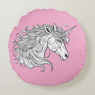 Cojín Redondo Dibujo de la cabeza de unicornio (PINK BGRD)
