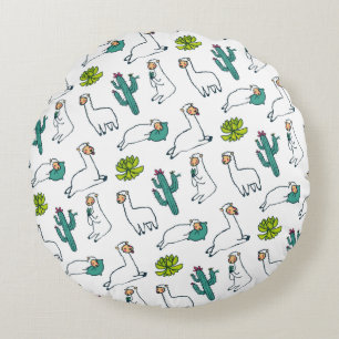 Cojín Redondo Dibujo de Llama y Cactus Adorable