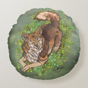 Cojín Redondo Dibujo de perro y follaje amarillo Husky