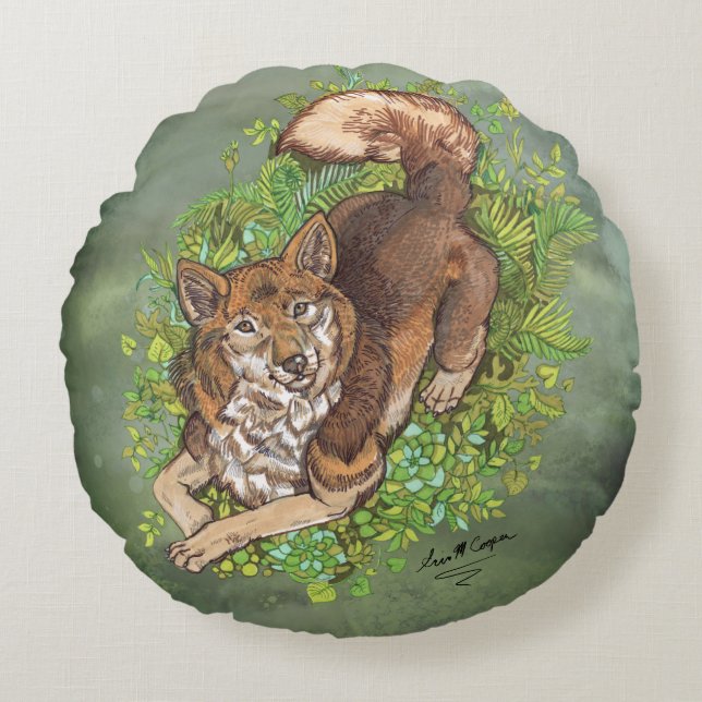 Cojín Redondo Dibujo de perro y follaje amarillo Husky (Anverso)