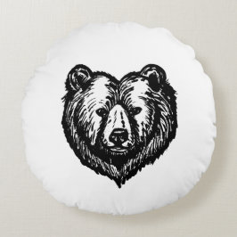 Cojín Redondo Dibujo de tinta de la cara de oso en blanco y negr