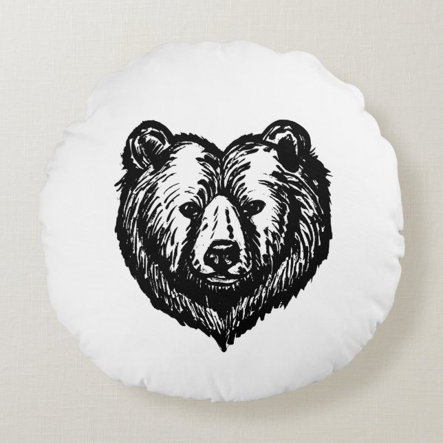 Cojín Redondo Dibujo de tinta de la cara de oso en blanco y negr (Anverso)