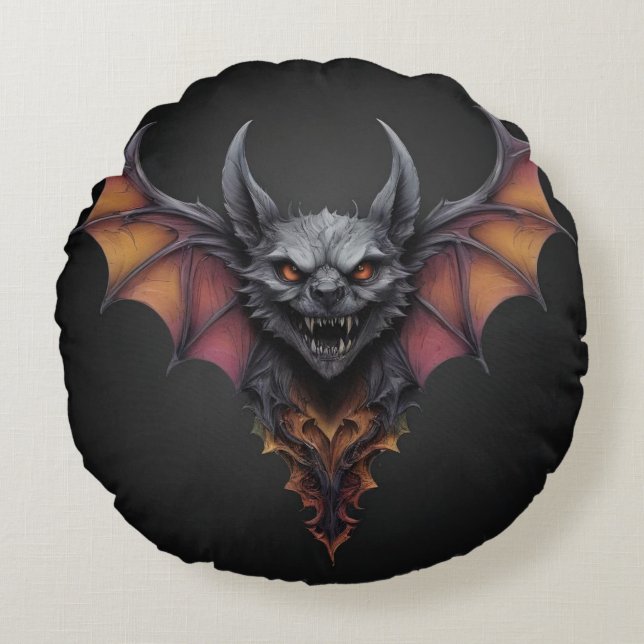 Cojín Redondo Dibujo De Tinta De Murciélago Aterrador, (Anverso)