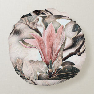 Cojín Redondo Dibujo de una rama floral de magnolia rosa