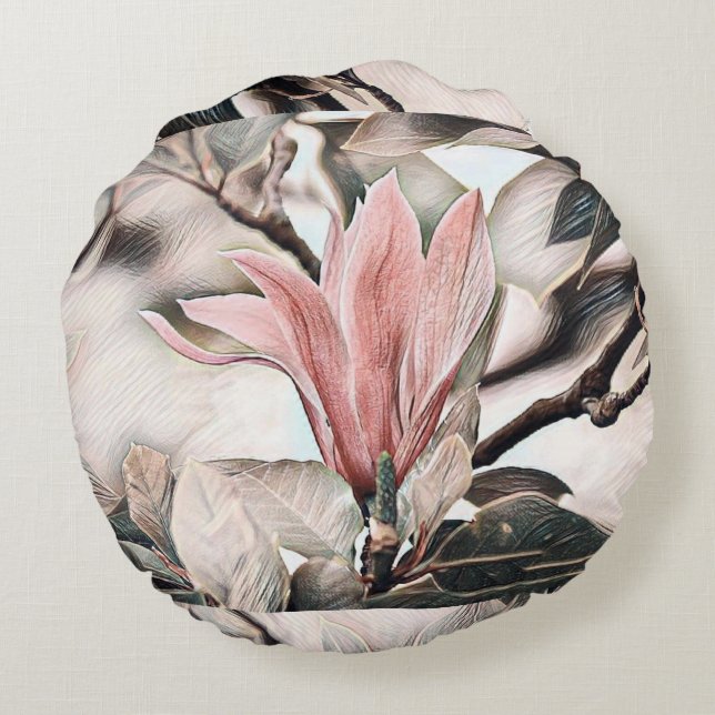 Cojín Redondo Dibujo de una rama floral de magnolia rosa (Reverso)