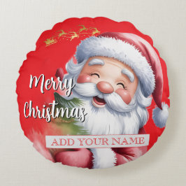 Cojín Redondo Dibujo Divertido de Papá Noel y Tipografía