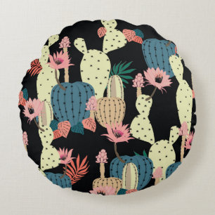 Cojín Redondo Dibujo manual Cactus Plant and flowers Seamless Pa