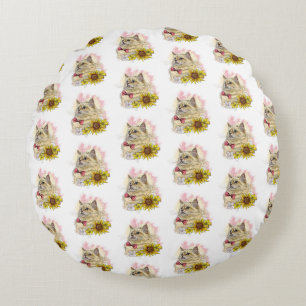Cojín Redondo Dibujo manual divertido gato Red Ragdoll con flore