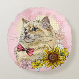 Cojín Redondo Dibujo manual divertido gato Red Ragdoll con flore