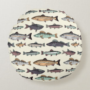 Cojín Redondo Dibujos de peces de época, patrón sin costuras.