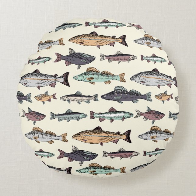 Cojín Redondo Dibujos de peces de época, patrón sin costuras. (Anverso)