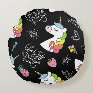 Cojín Redondo Dibujos de unicornio, fresa, piña, helado