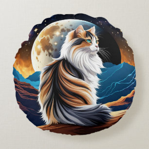 Cojín Redondo Diluir el gato de Calico y la luna del desierto