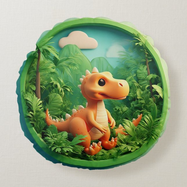 Cojín Redondo Dinosaurio de Dibujos Animados en Bosque de Bambú (Anverso)