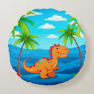 Cojín Redondo Dinosaurio de dibujos animados en una escena tropi