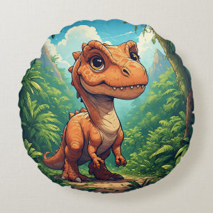 Cojín Redondo Dinosaurio de dibujos animados explorando una selv