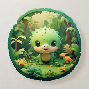 Cojín Redondo Dinosaurio de dibujos animados lindo en bosque de
