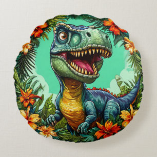 Cojín Redondo Dinosaurio de dibujos animados y flores tropicales