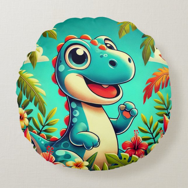 Cojín Redondo Dinosaurio Personalizado Adorable en medio de vibr (Anverso)