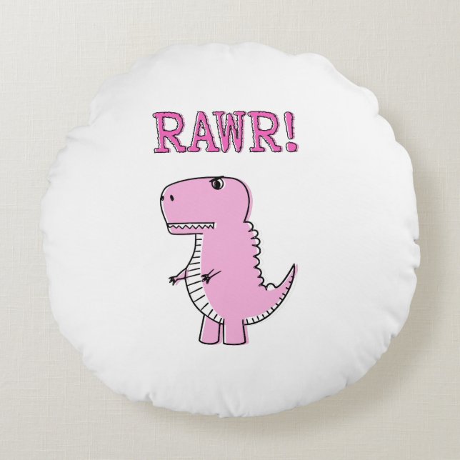 Cojín Redondo Dinosaurio T-Rex, Personalizado Rosa Cuto Y Enojad (Anverso)