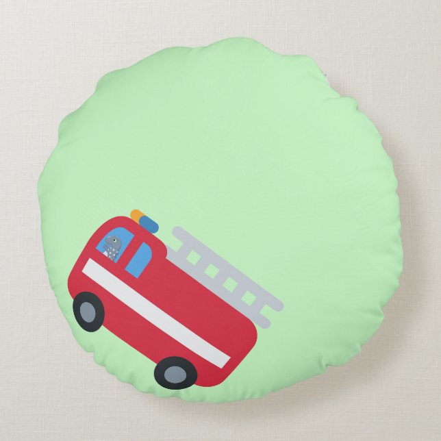 Cojín Redondo Dinosaurios divertidos, motor de bomberos de vuelt (Reverso)