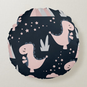 Cojín Redondo Dinosaurios rosados, fondo oscuro, lindo