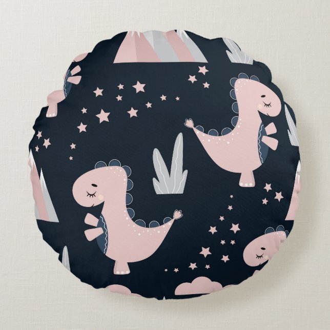Cojín Redondo Dinosaurios rosados, fondo oscuro, lindo (Anverso)
