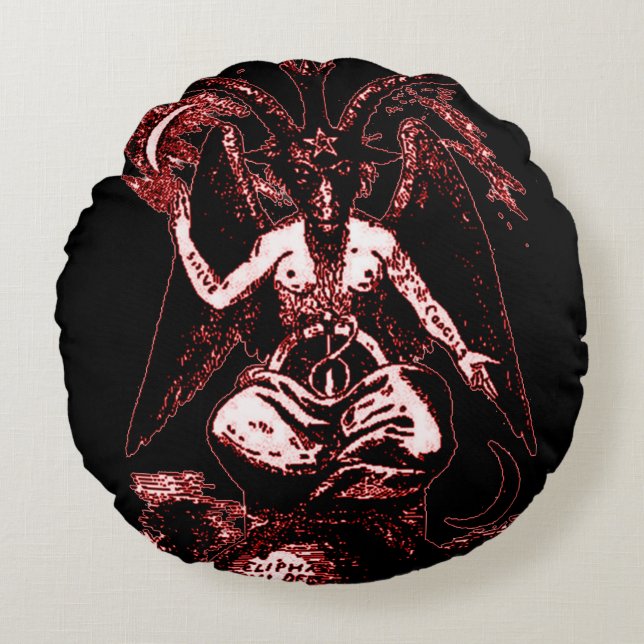 Cojín Redondo Dios oscuro reversible rojo y negro Baphomet (Anverso)